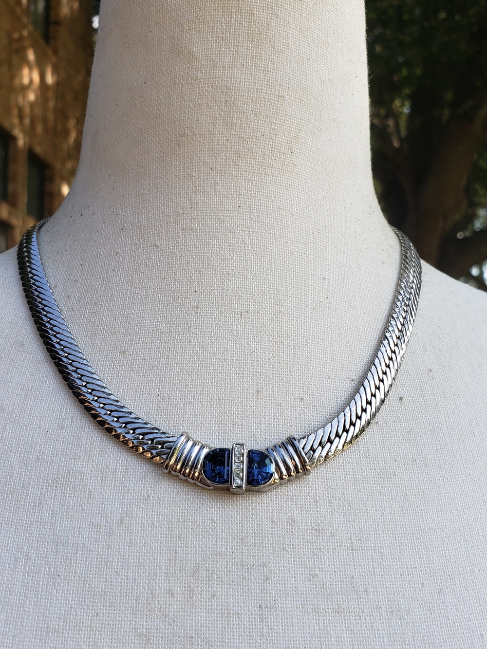 Silver-tone Chain Necklace with Blue Gem Accents